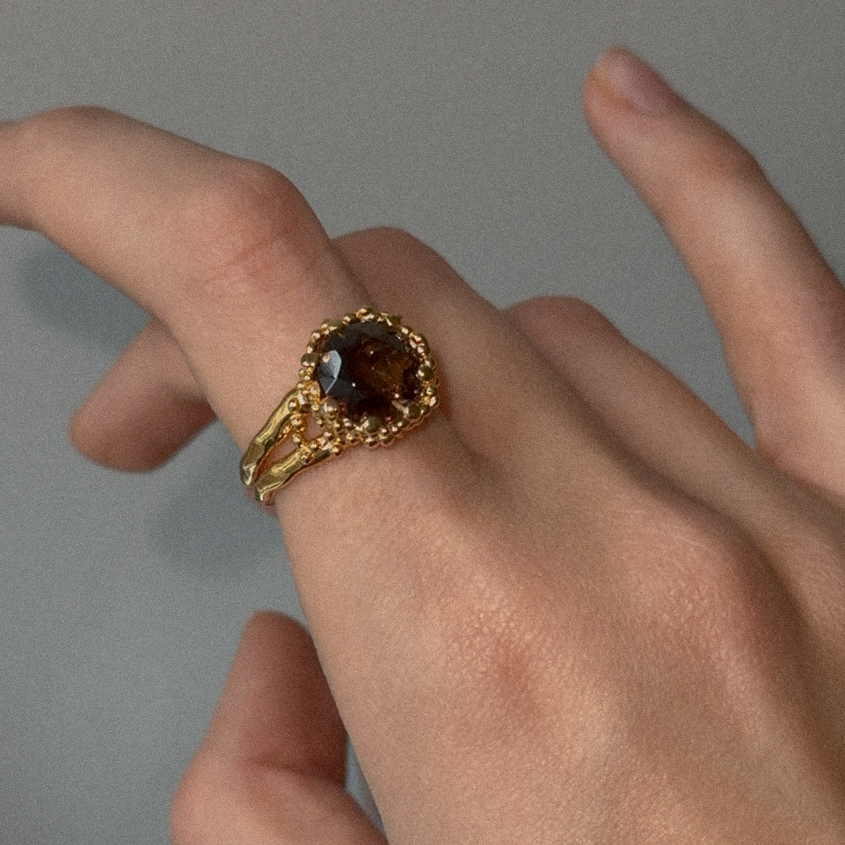 Gold Plated Ring with Smoky Quartz "Golden Maroon Cloud"