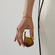 Hand holding a fig with a plain background