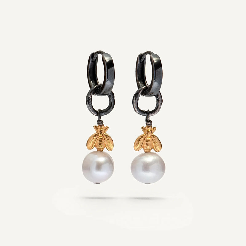 Gold Plated / Oxidised Silver & Pearl Earrings "Lucky Bee"