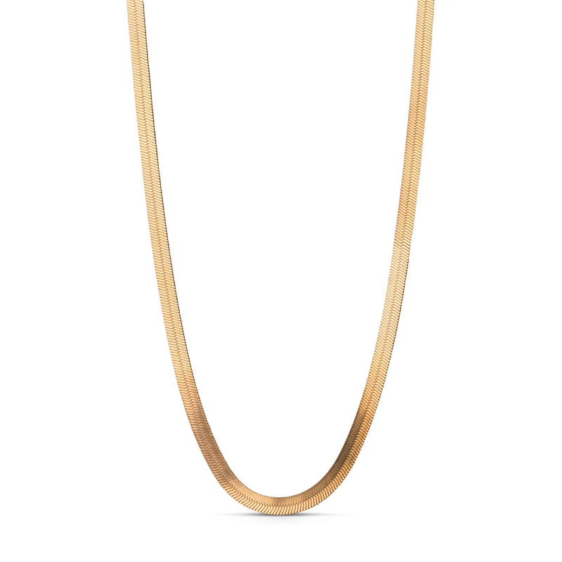 A gold snake chain necklace shown in a clean studio shot against a white background.