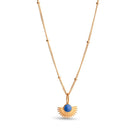 Gold necklace with a blue pendant on a white background