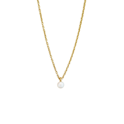 A delicate gold-plated silver chain necklace with a single small white pearl pendant, shown against a plain white background.