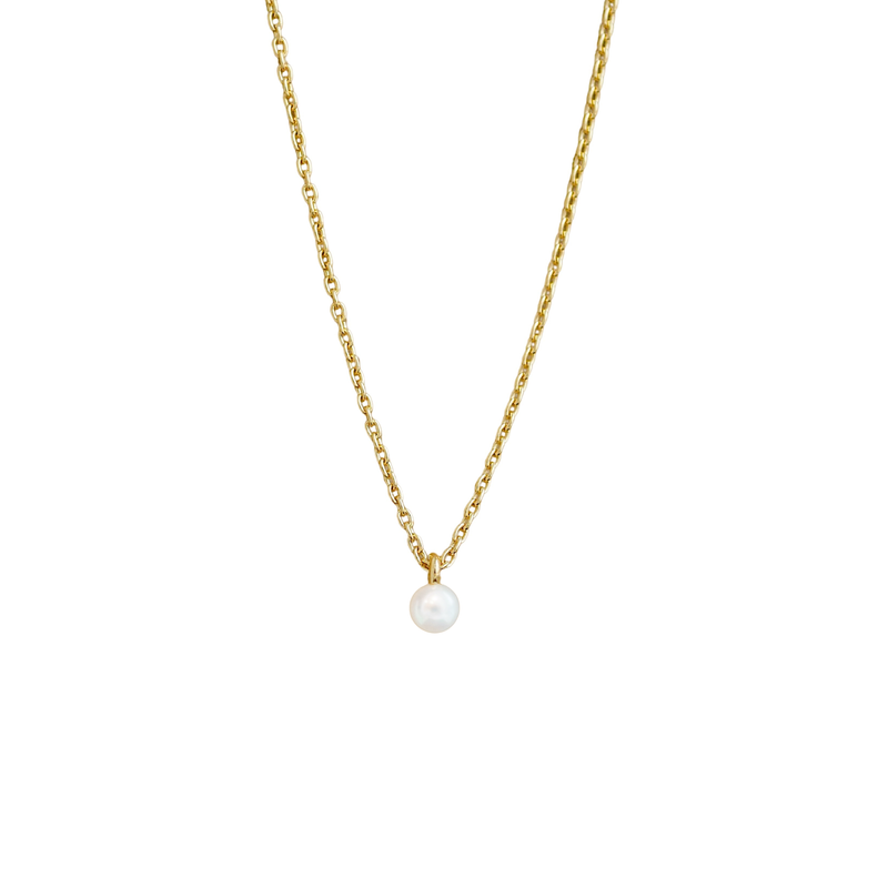 A delicate gold-plated silver chain necklace with a single small white pearl pendant, shown against a plain white background.
