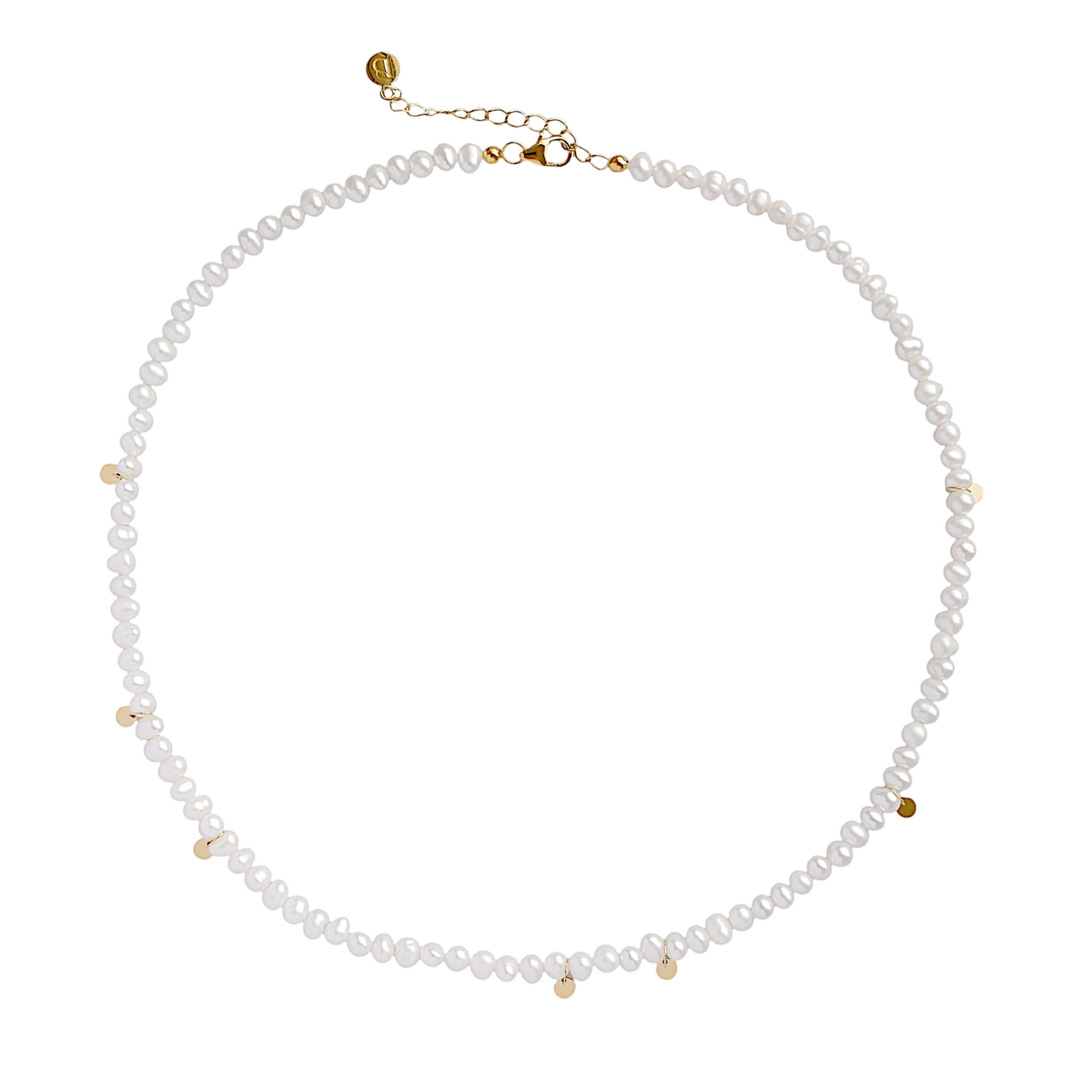 A delicate pearl necklace with small and round gold-plated silver accents and a gold clasp, displayed on a clean white background.