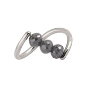 A white gold ring featuring three faceted dark gray diamond beads set along a curved, open infinity-style band, shown on a plain white background.
