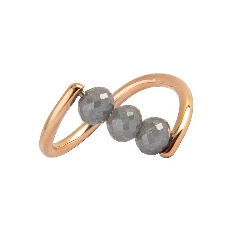A rose gold ring featuring three faceted dark gray diamond beads set along a curved, open infinity-style band, shown on a plain white background.