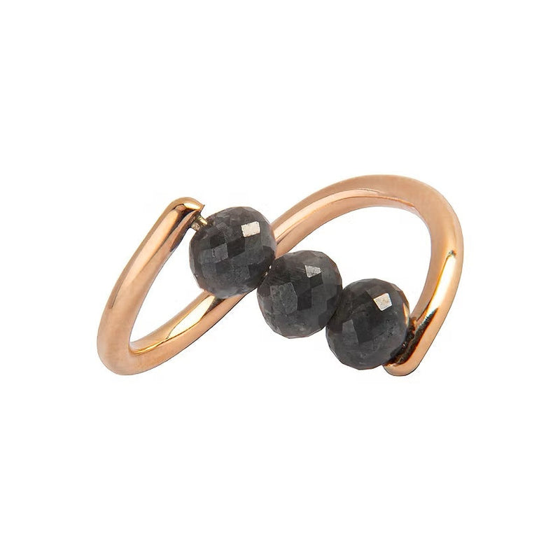 A rose gold ring featuring three faceted dark gray diamond beads set along a curved, open infinity-style band, shown on a plain white background.