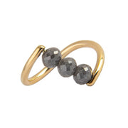 A yellow gold ring featuring three faceted dark gray diamond beads set along a curved, open infinity-style band, shown on a plain white background.