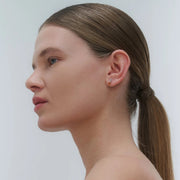 Woman with a ponytail wearing silver & amber earrings against a plain background