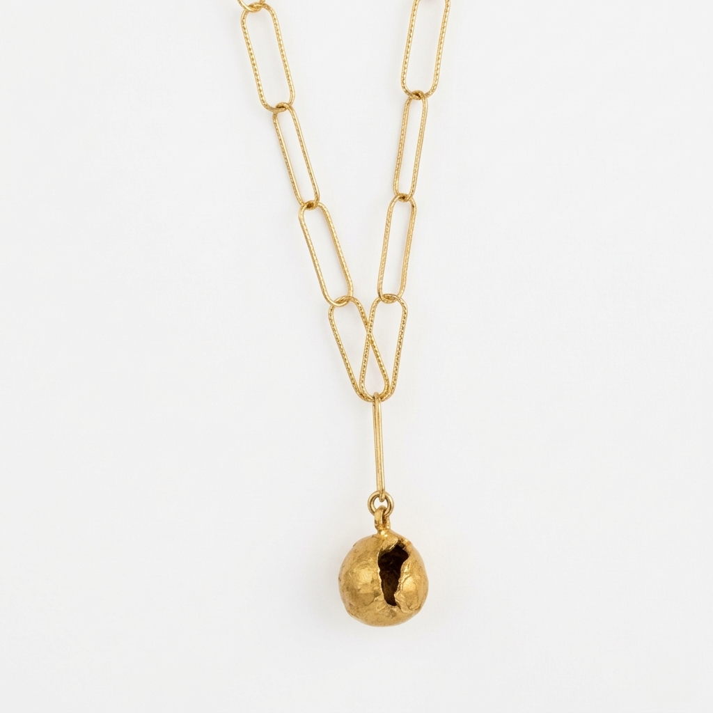 Gold necklace with a unique pendant on a white background