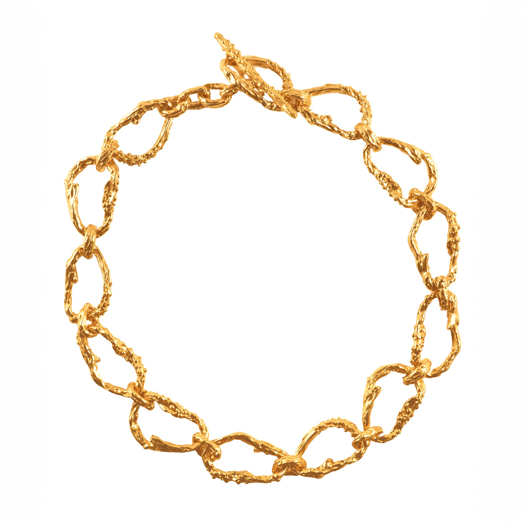 Gold-plated bronze necklace featuring an organic chain of irregular, textured links with a molten-inspired finish.