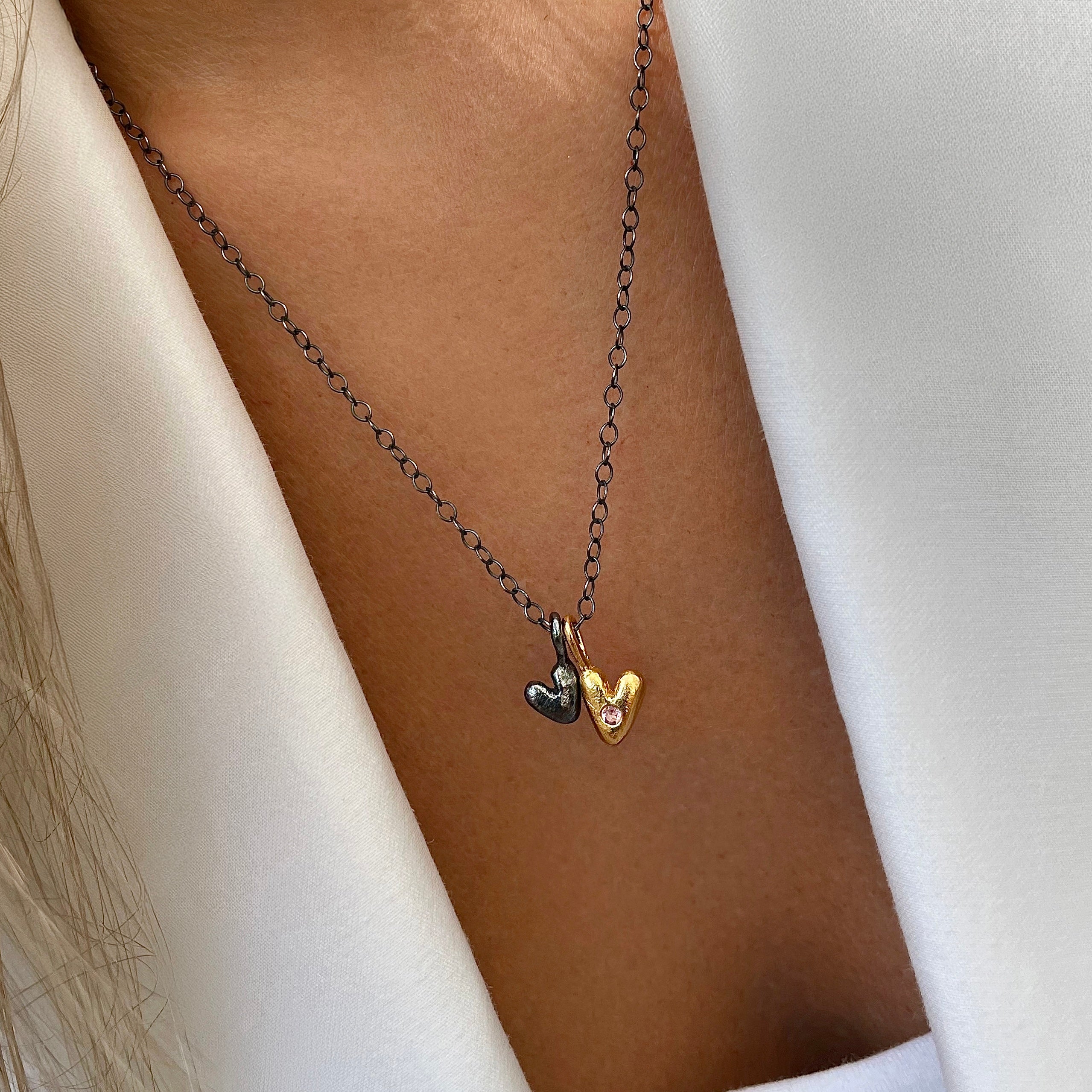 Gold Plated / Oxidised Silver Necklace with Pink Sapphire "Double Love"