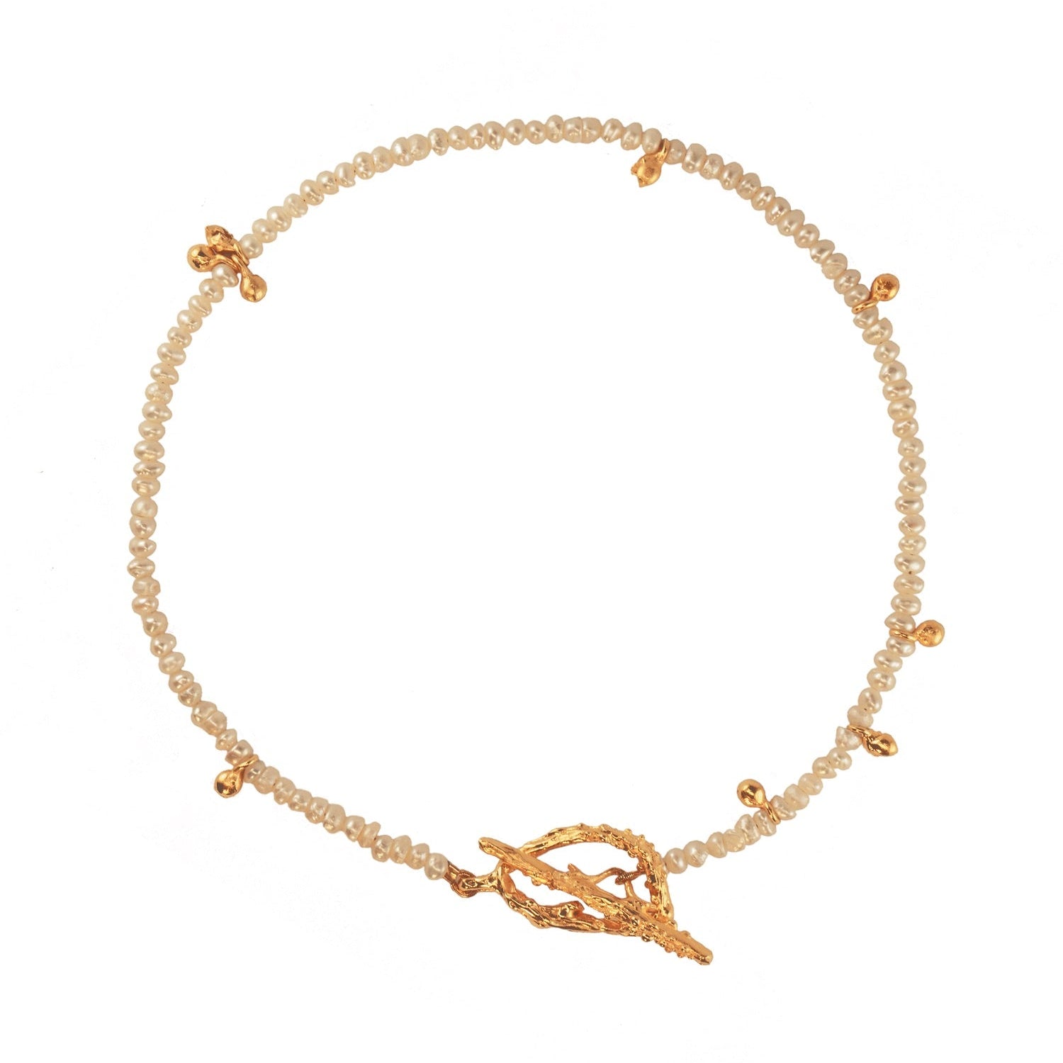 Pearl necklace with a decorative clasp on a white background