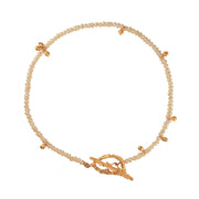 Pearl necklace with a decorative clasp on a white background