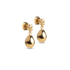 A pair of gold-plated silver earrings featuring a small handmade stud and a large drop-shaped pendant.