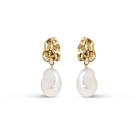 A pair of gold-plated silver earrings featuring a large, wavy stud and a baroque freshwater pearl attached to it.