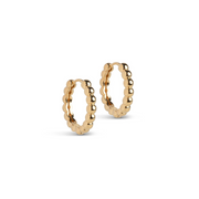 A pair of gold-plated silver hoop earrings with a textured surface, designed to look like composite gold balls.