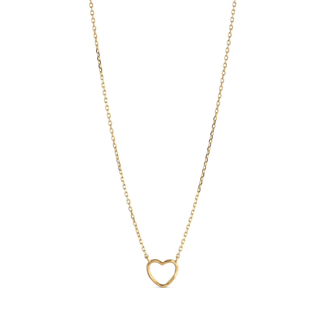 A gold-plated silver necklace with a heart-shaped pendant, displayed on a white background.