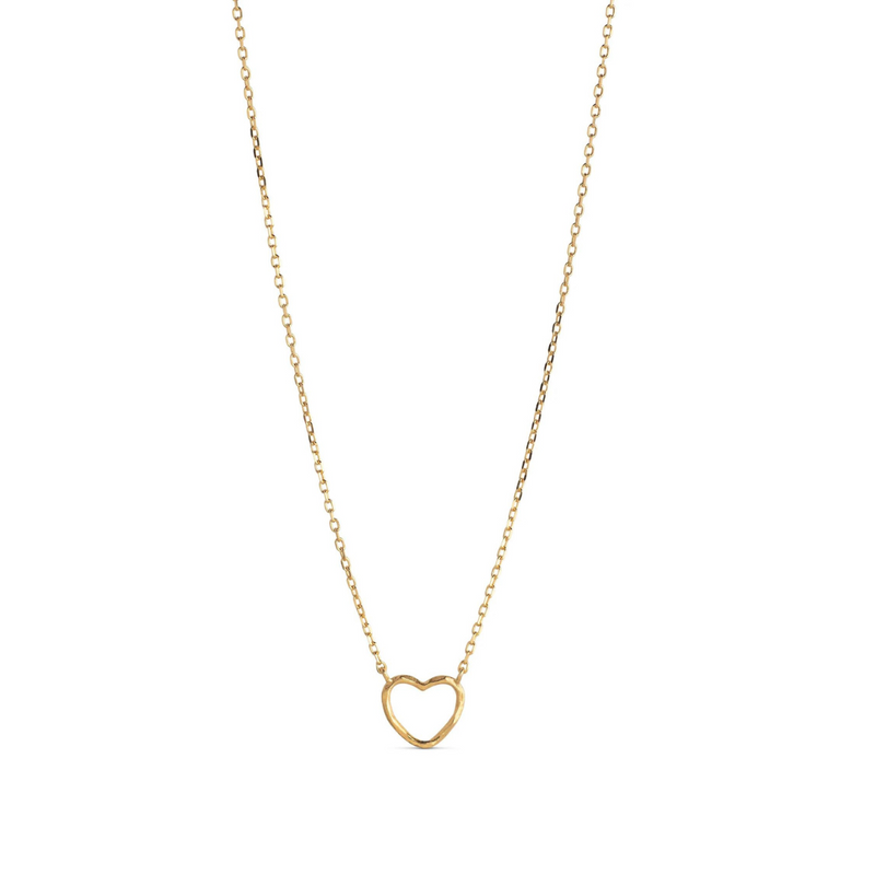 A gold-plated silver necklace with a heart-shaped pendant, displayed on a white background.