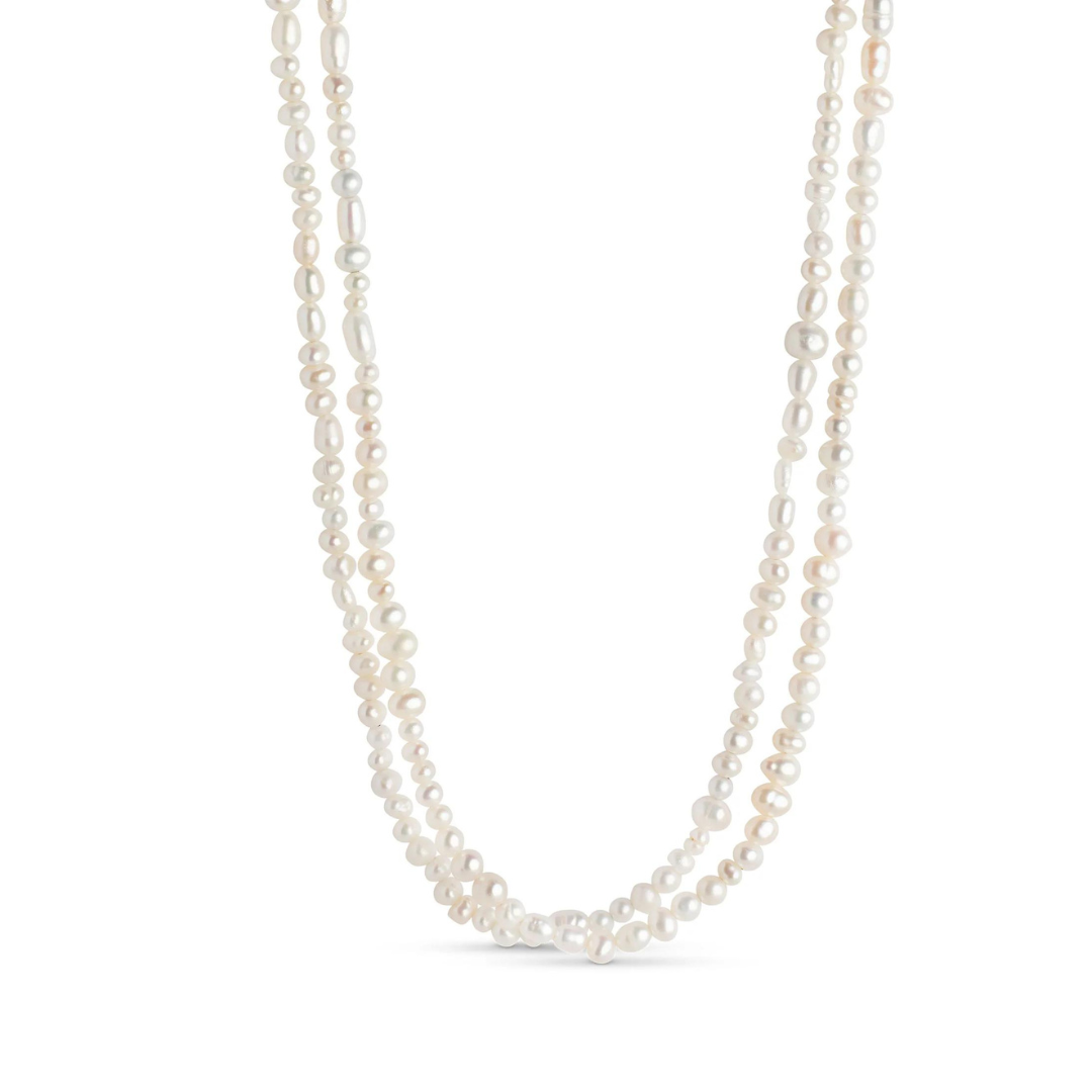 A gold-plated silver necklace featuring small, round freshwater pearls.