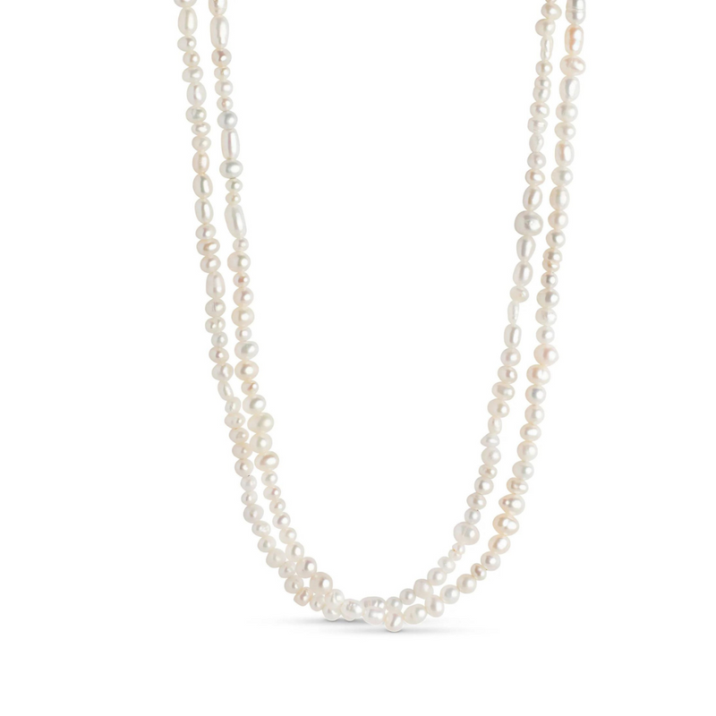 A gold-plated silver necklace featuring small, round freshwater pearls.