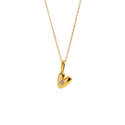 Gold heart-shaped necklace with a small purple gem on a white background