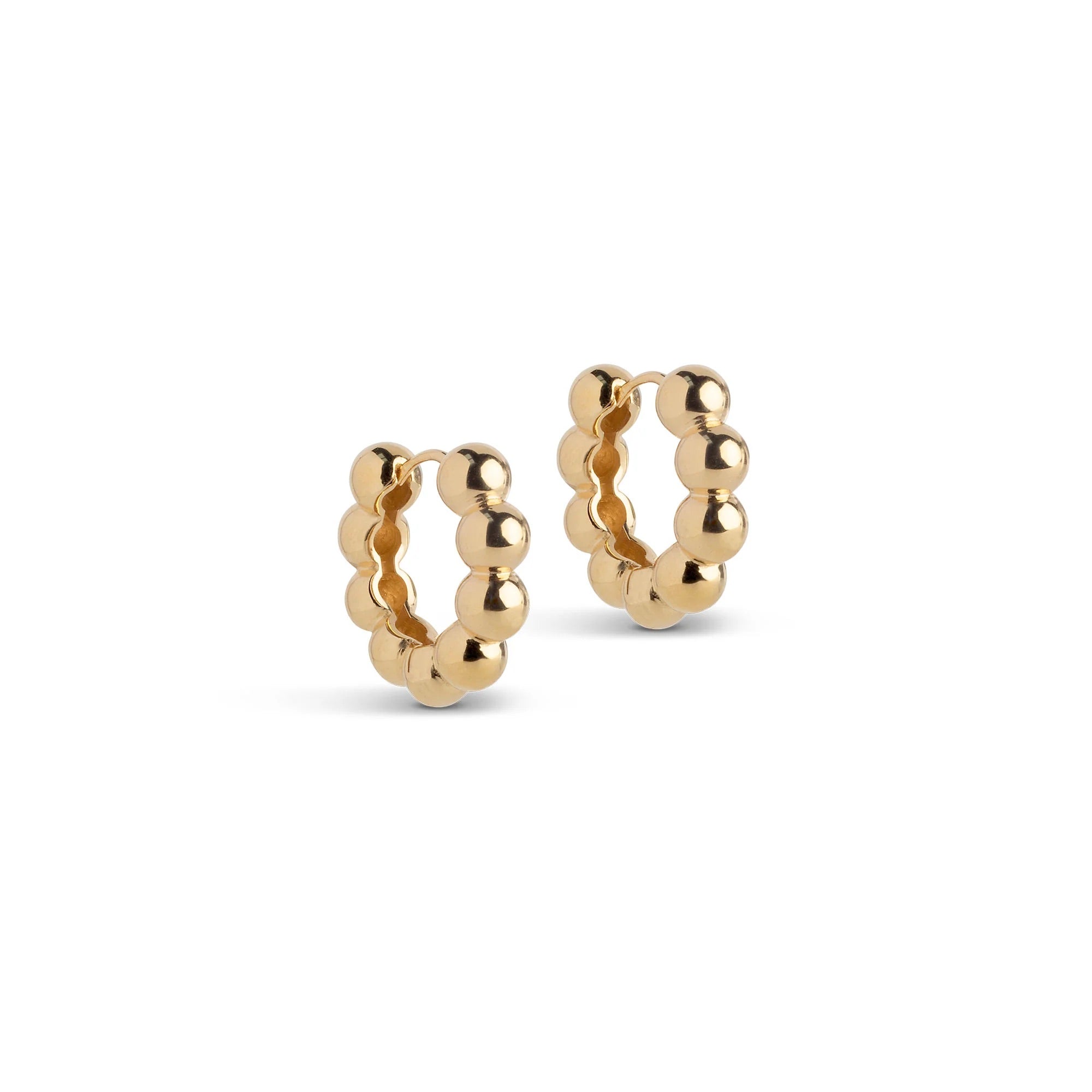 A pair of gold-plated silver hoop earrings with a ball design.