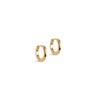 A pair of small gold huggie hoop earrings on a clean white background.