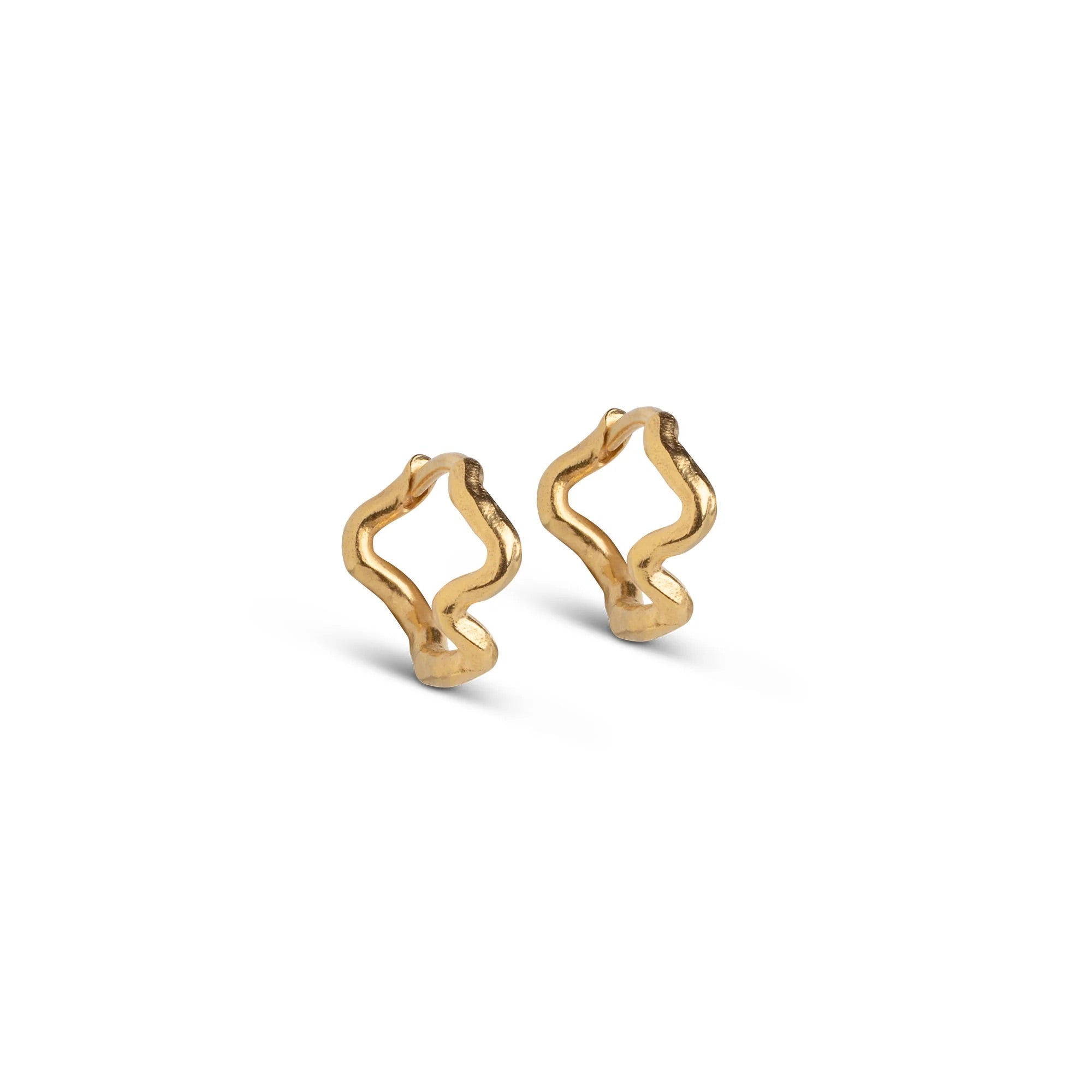 A pair of small gold-plated silver hoop earrings with a textured, organic shape, displayed against a white background.