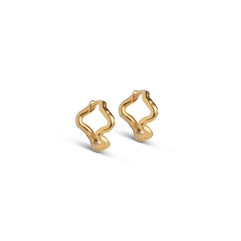 A pair of small gold-plated silver hoop earrings with a textured, organic shape, displayed against a white background.