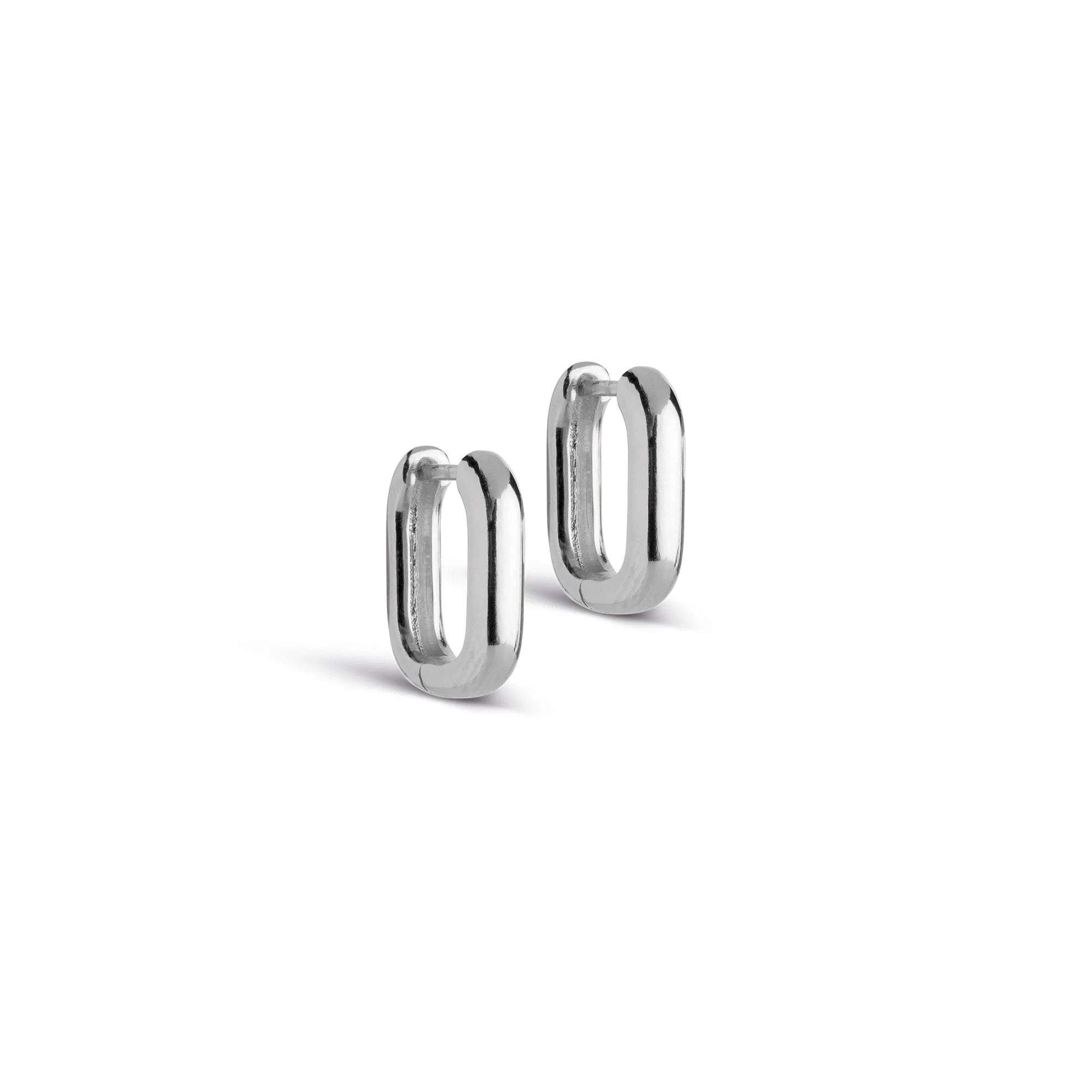 A pair of silver hoop earrings with a square shape on a white background.