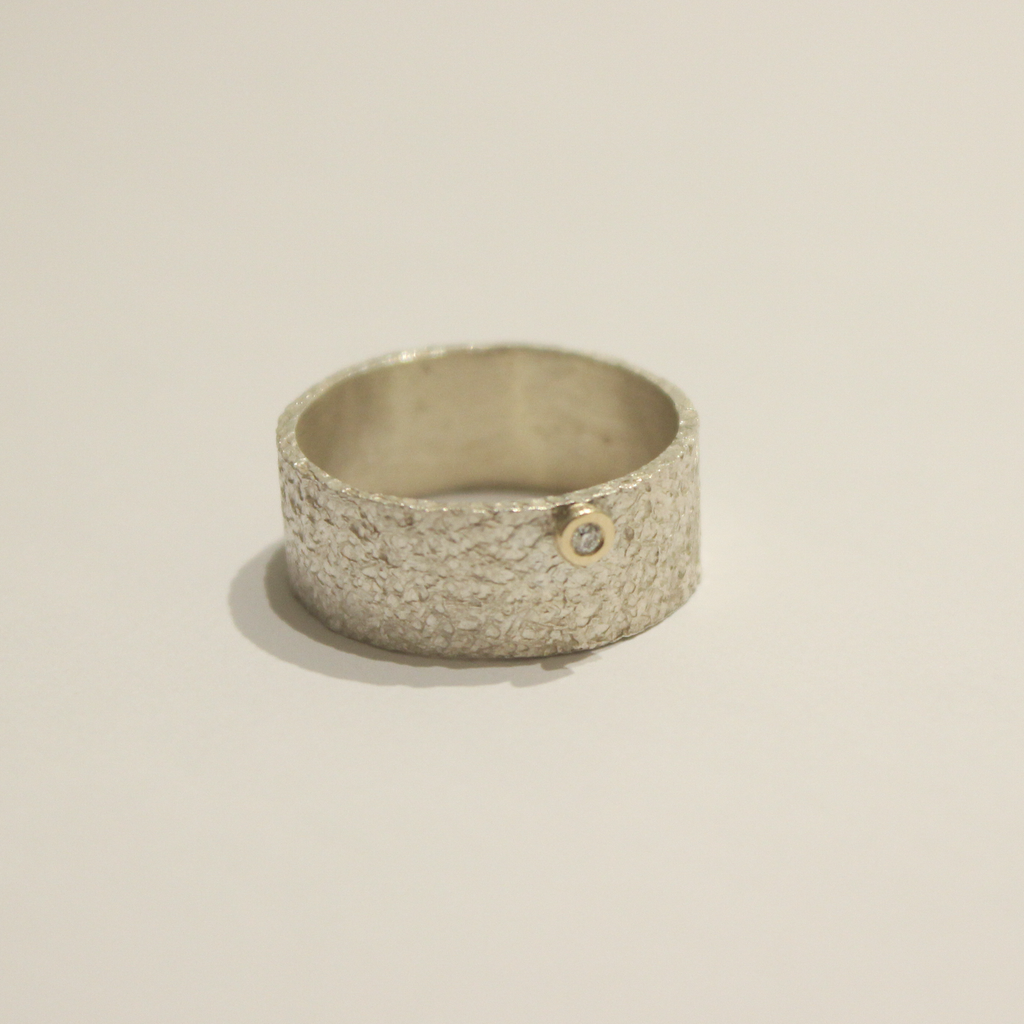 Wide Silver Ring with Gold and Diamond