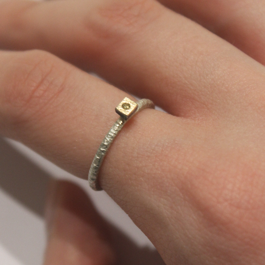 Silver Ring with Gold Square and Diamond