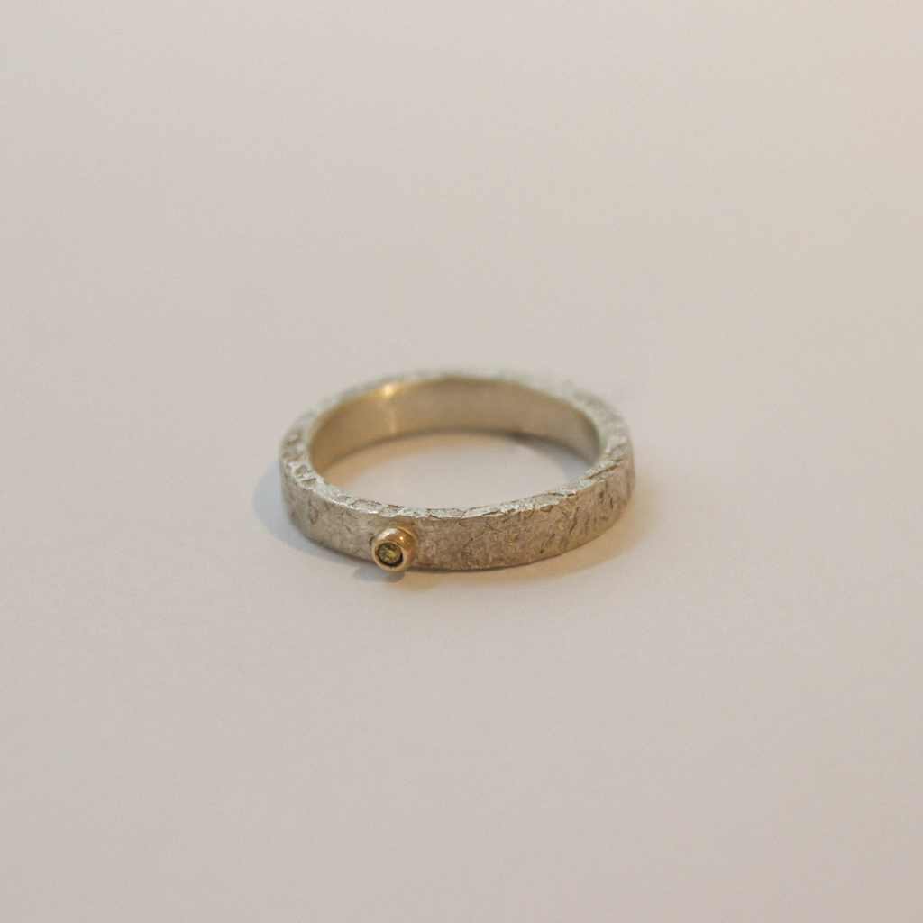 Narrow Silver & Yellow Diamond Ring