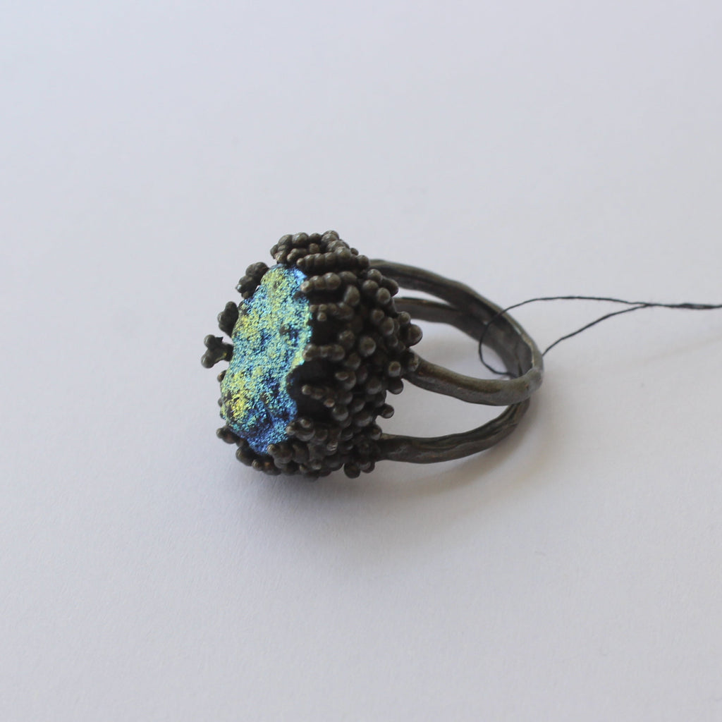 Oxidised Silver & Agate Ring "Coral Magic Lagoon"