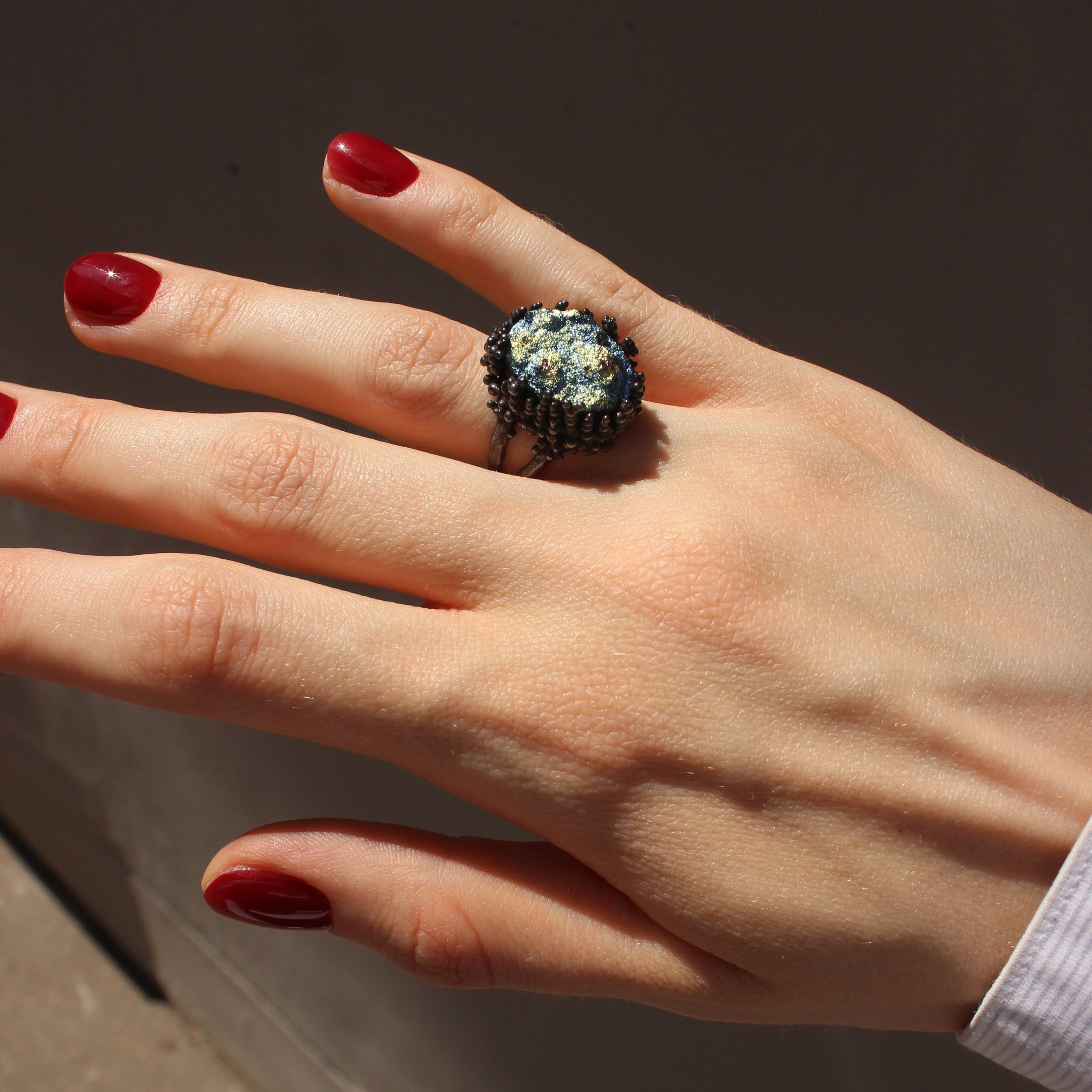 Oxidised Silver Ring with Agate "Coral Magic Lagoon"