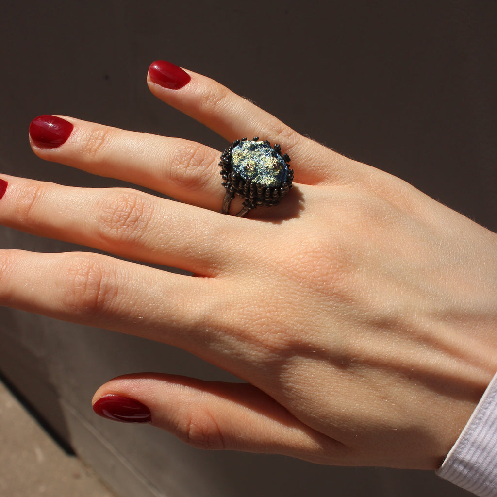 Oxidised Silver & Agate Ring "Coral Magic Lagoon"