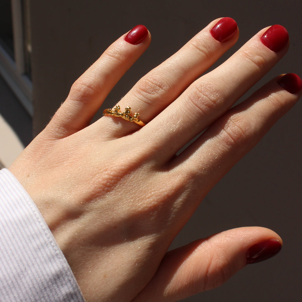 Gold Plated Silver Ring "Coral Crown Drops"