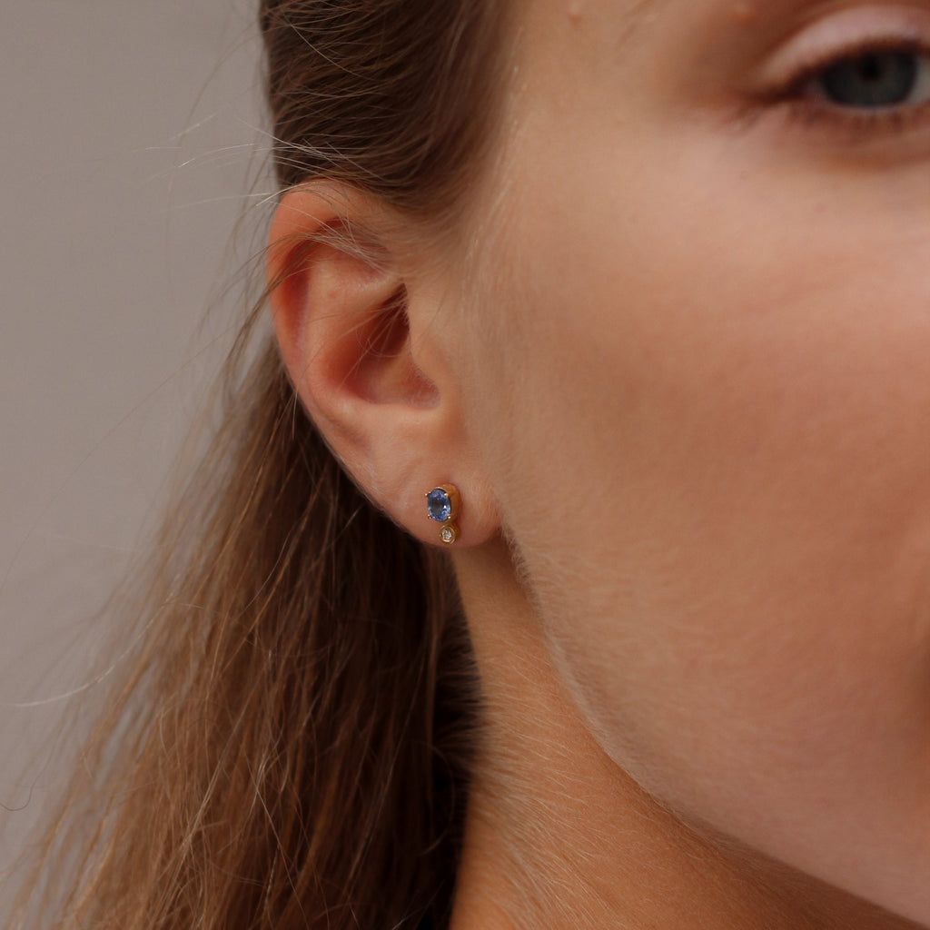 14k Gold Stud Earrings with Blue Sapphires and Diamonds