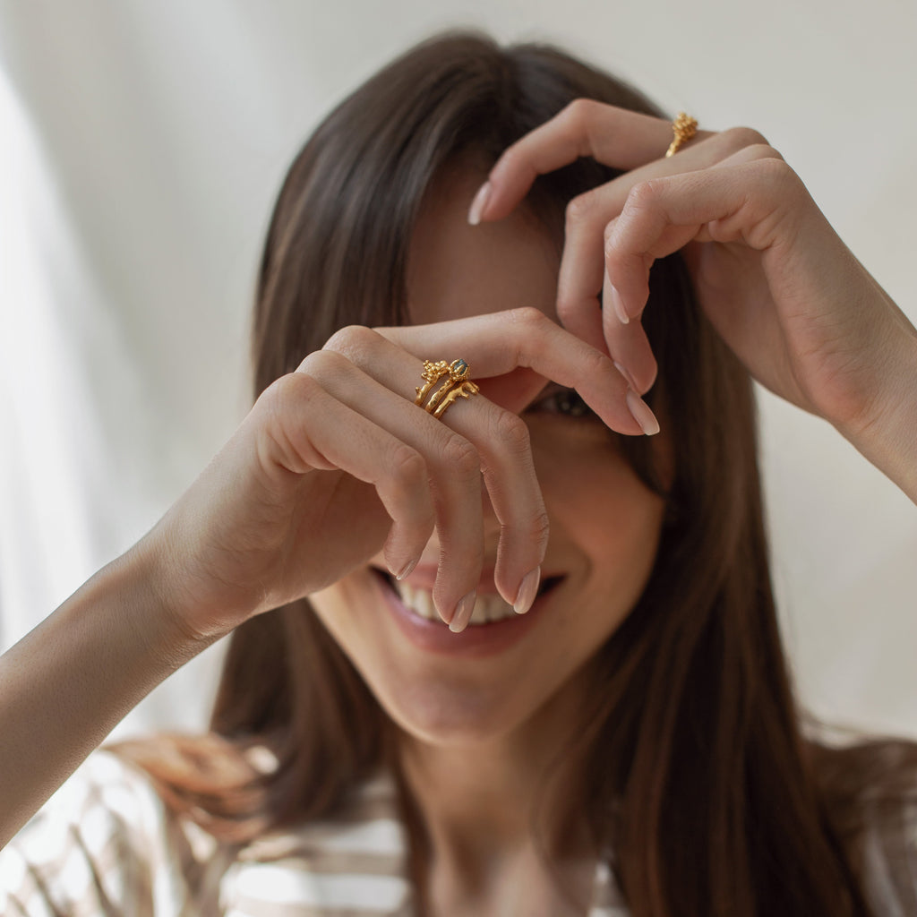 Gold Plated Silver Ring "Coral Crown Drops"