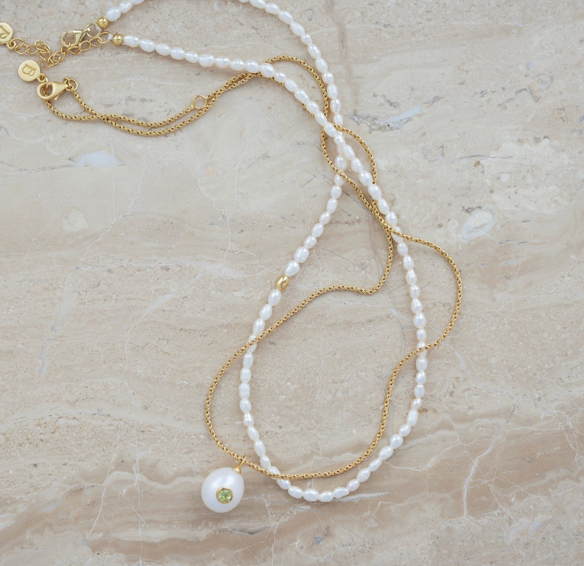 Gold Plated Silver Necklace with Pearl and Peridot "Pomona"