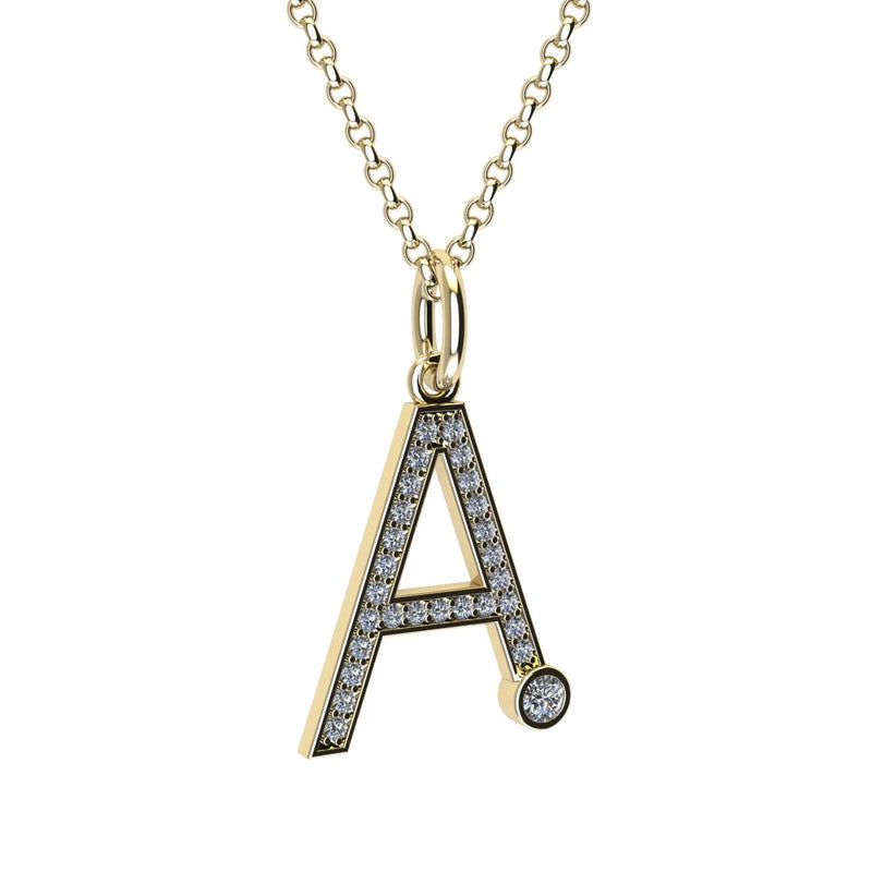 Gold and diamond necklace with letter 'A' pendant on a white background