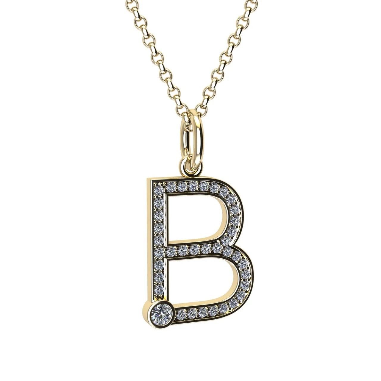 Gold and diamond necklace with letter 'B' pendant on a white background