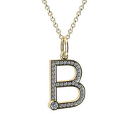 Gold and diamond necklace with letter 'B' pendant on a white background