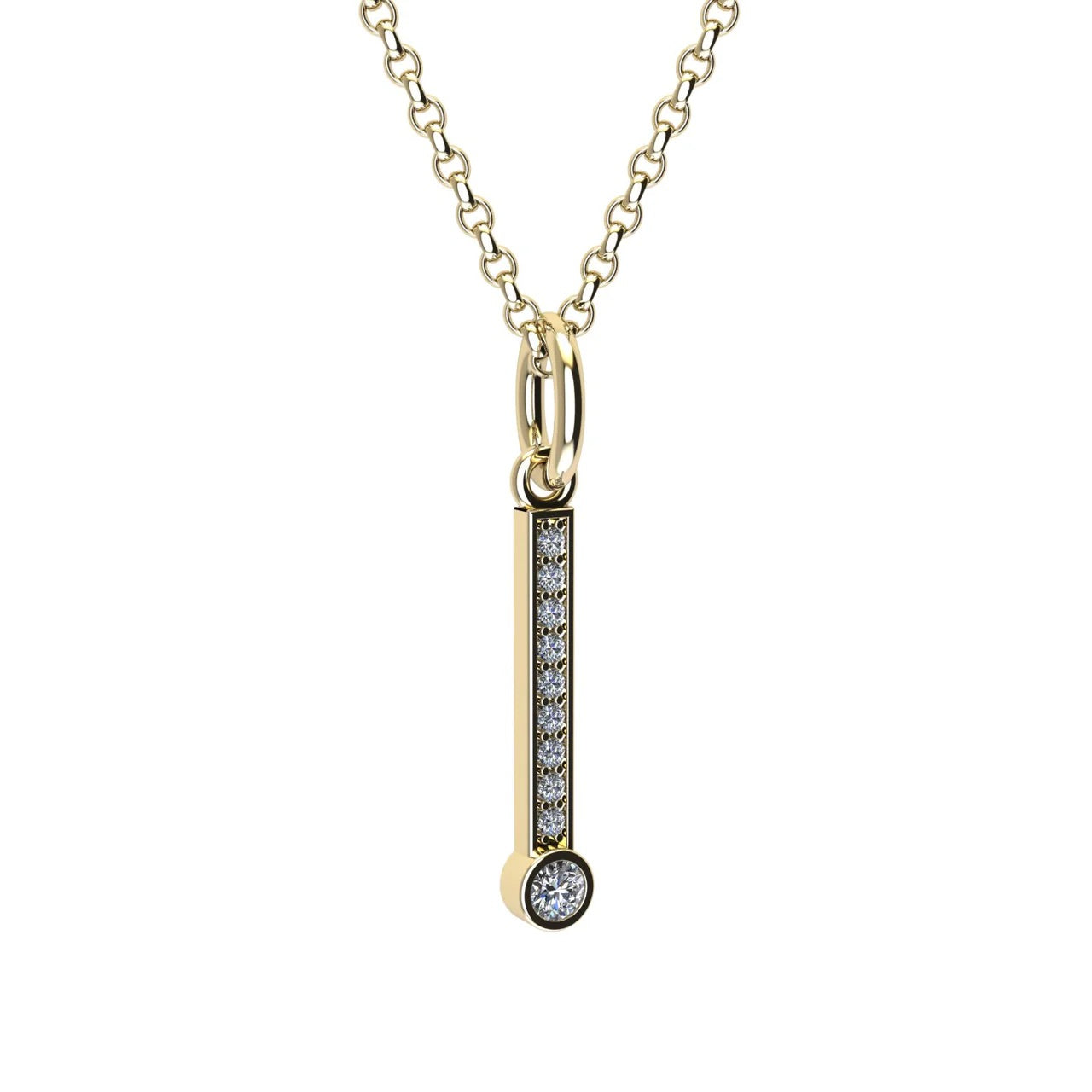 Gold and diamond necklace with letter 'I' pendant on a white background