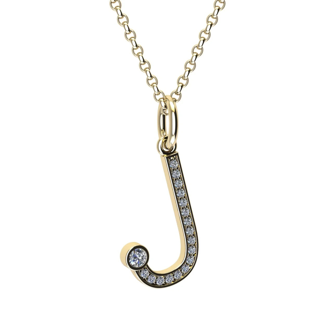 Gold and diamond necklace with letter 'J' pendant on a white backgroun