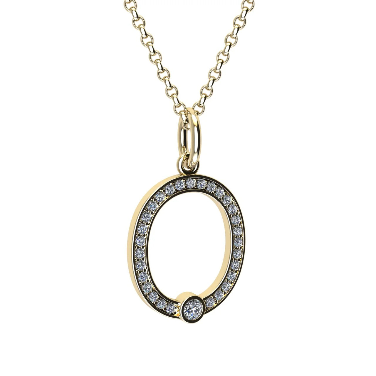 Gold and diamond necklace with letter 'O' pendant on a white background