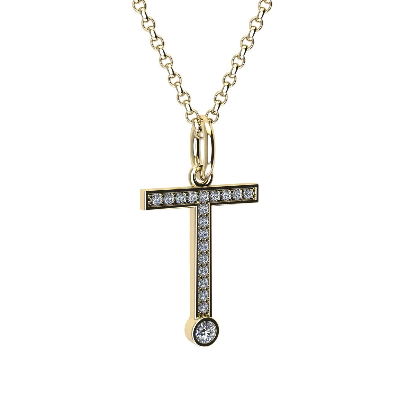 Gold and diamond necklace with letter 'T' pendant on a white background