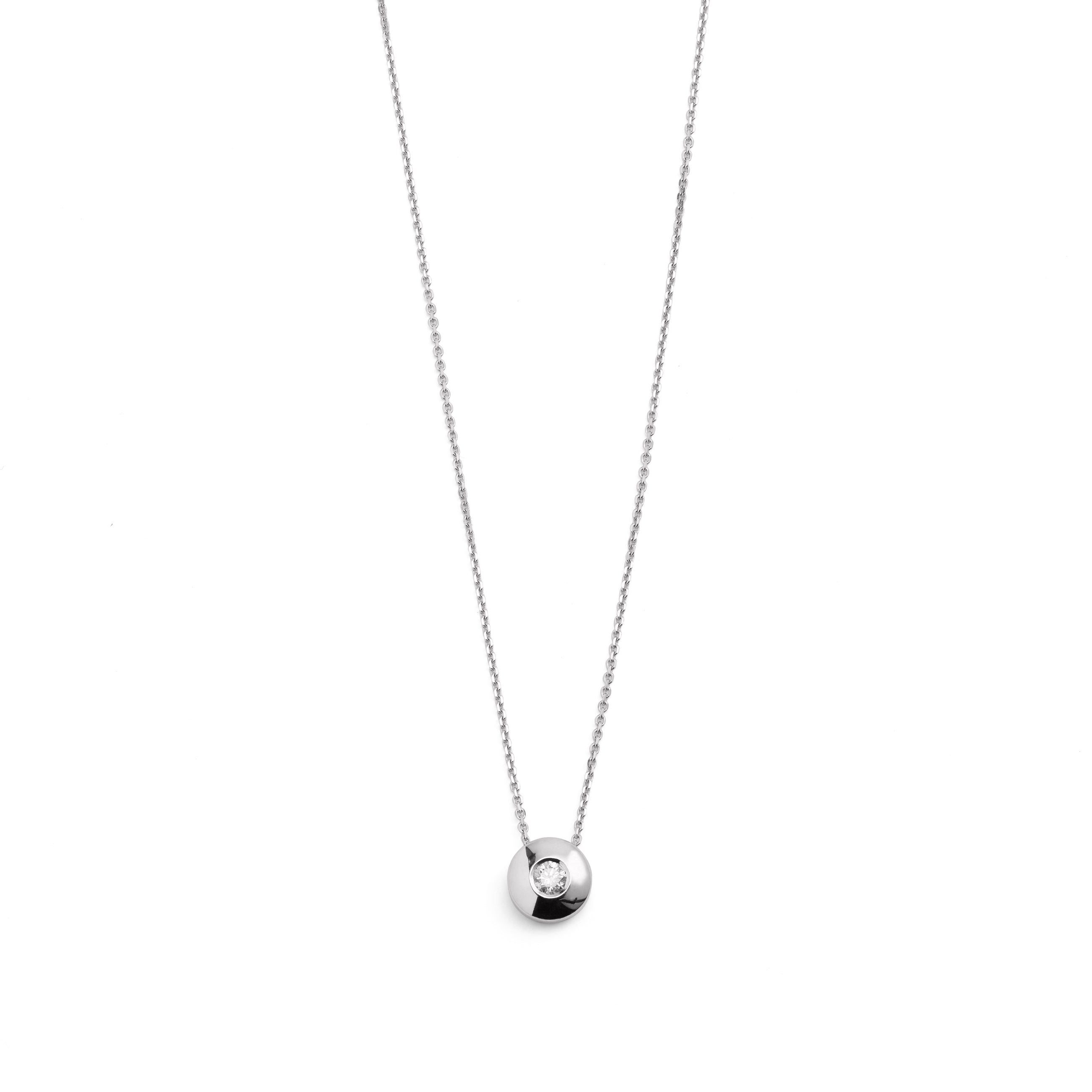 A 14k white gold choker necklace with a single white diamond pendant on a white background.