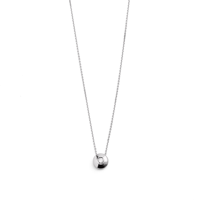 A 14k white gold choker necklace with a single white diamond pendant on a white background.